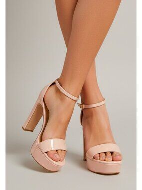 Patent Nude Platform Heels With Ankle Strap & Block Heel - Elegant Evening Style